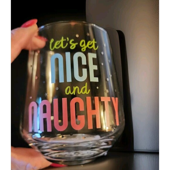 4 Pc Stemless Wine Glass Barware "Let's Get Nice And Naughty" Holiday Seasonal - Picture 2 of 15